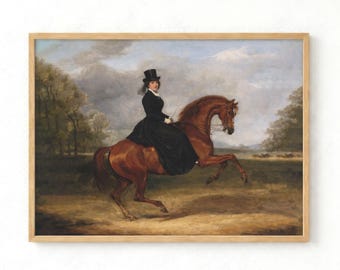 Antiek paard schilderij print, Victoriaanse dame rijdend zijzadel, muurdecoratie ruitersport