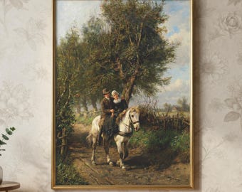 Vintage afdrukbare paardkunst, rustiek schilderij stel rijden, antieke muurdecoratie