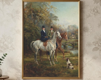 Arte mural ecuestre vintage imprimible, pintura de pareja montando a caballo, decoración de paisaje campestre
