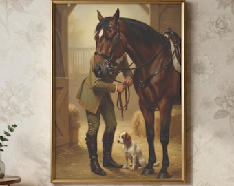 Arte mural de establo ecuestre, caballo y perro vintage imprimible, descarga digital de casa de campo.