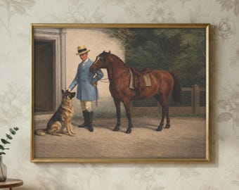 Impresión de caballero con caballo y perro, arte mural ecuestre, decoración imprimible con escena de establo vintage