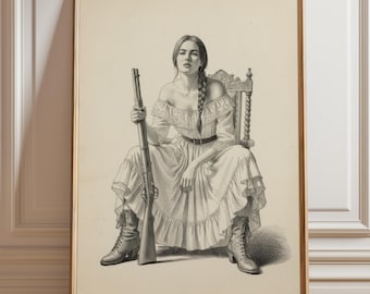 Lámina decorativa para pared estilo western con estampado de chica del oeste / Lámina de mujer pionera ruda / Chica con rifle antiguo / Decoración rústica