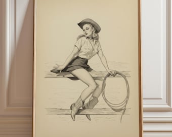 Estampado vintage de chica rodeo / Boceto pin-up del oeste / Arte de pared con lazo / Decoración ecléctica de rancho