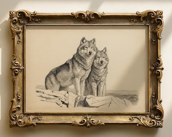 Lámina de pareja de lobos / Arte vintage de almas gemelas / Decoración gótica romántica / Decoración rústica de pared para cabaña