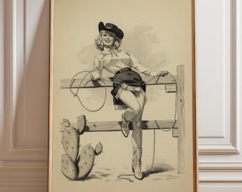 Lámina de vaquera retro / Arte pin-up del oeste vintage / Decoración americana / Arte de pared para bar de salón