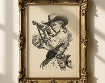 Lámina vintage de vaquera / Arte mural del Oeste / Decoración gótica del Oeste / Póster del Salvaje Oeste