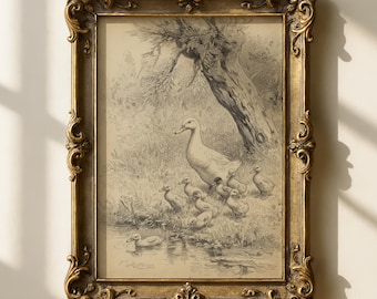 Lámina vintage de una familia de patos / Arte infantil de cuento / Decoración cottagecore / Arte antiguo de aves