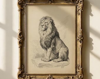 Lámina de león vintage / Arte safari antiguo / Decoración estilo academia oscura / Arte de pared para estudio de caballero