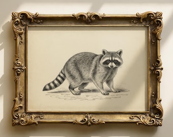 Impresión vintage de mapache / Arte infantil de bosque / Póster de animales antiguos / Decoración rústica de cabaña