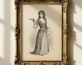 Estampado vintage de mujer con pistola / Arte victoriano de dama con pistola / Decoración Dark Academia / Arte impactante