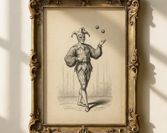 Jester Vintage Art Print, antieke harlekijnillustratie, eigenzinnig circusdecor digitale download