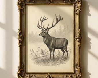 Hertenets illustratie afdrukbare muurkunst, rustieke bosrijke print van hert, decor vintage lodgecabine