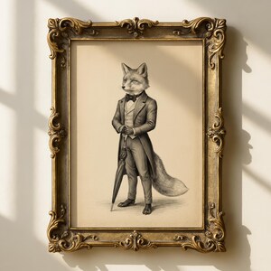 May include: A framed wall art print featuring a black and white illustration of an anthropomorphic fox standing upright. The fox wears a formal tailcoat, waistcoat, and bow tie, holding a closed umbrella. The frame is ornate, metallic gold, and rectangular.