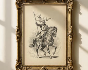 Print Tempelier te paard, middeleeuwse kruisvaarder kunst aan de muur, vintage christelijk decor