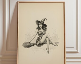 Lámina vintage de bruja pin-up / Arte gótico caprichoso / Chica con escoba / Decoración retro de Halloween