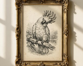Grabado vintage de cacatúa, boceto de pájaro antiguo, arte mural, archivo digital de decoración cottagecore