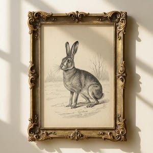 May include: A framed vintage print of a hare. The black and white illustration depicts a hare in a natural setting. The ornate gold frame adds a classic touch to the artwork, suitable for home decor.