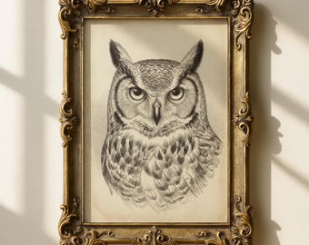 Afdrukbare etsen uilenkop, vintage gotische vogelmuurkunst, decor Dark Academia