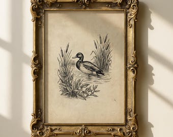 Vintage wilde eend-etsprint, Cottagecore Lake House-kunst (digitale download)