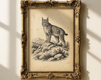 Lynx illustratie vintage print, wilde kat antieke gravure kunst, rustieke bosrijke wanddecoratie