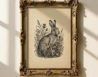 Muurkunst print konijn ets, vintage konijn print, bos dieren illustratie decor