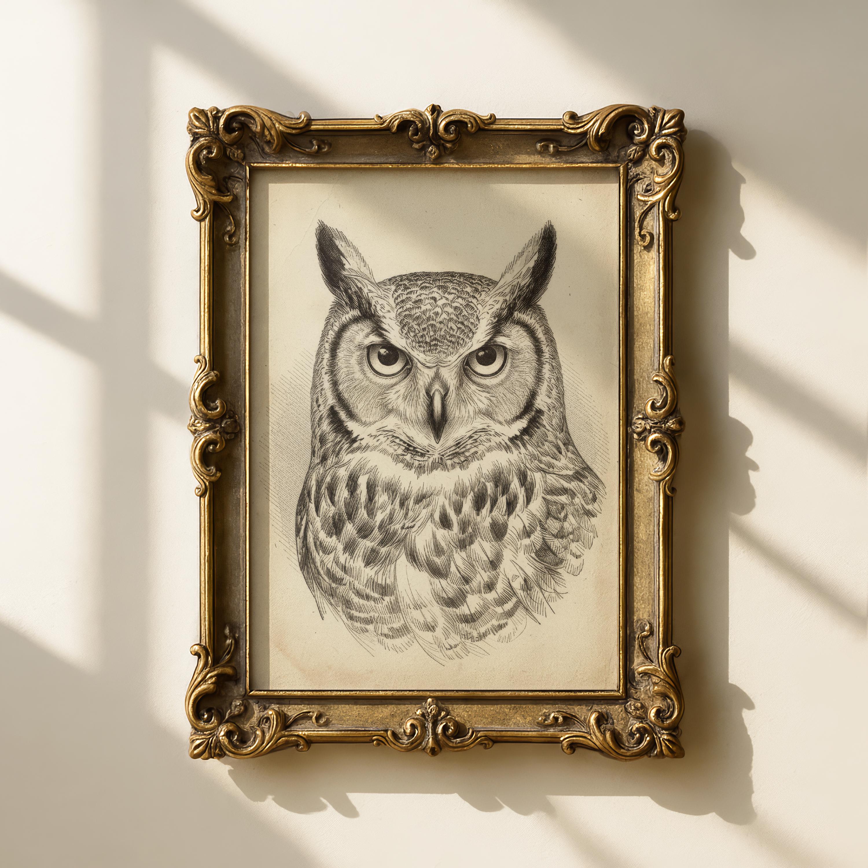 Owl Head Etching Printable, Vintage Gothic Bird Wall Art, Dark Academia Decor