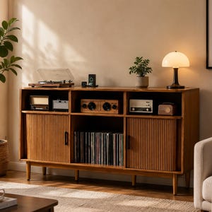 Mid Century Modern Walnut Sideboard, Slatted Doors, Vinyl Record Storage Cabinet
