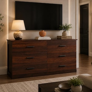 May include: A dark brown wooden dresser featuring six drawers arranged in two vertical columns. Each drawer is equipped with a slim, horizontal matte black metal handle. The dresser has a rectangular frame with a smooth, flat top surface.