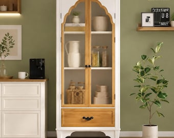 Vintage Style Display Cabinet, Farmhouse Kitchen Storage Cupboard, Arched Glass Doors Drawer