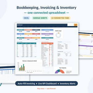 Könnte beinhalten: Eine digitale Tabellenkalkulationsvorlage für Buchhaltung, Rechnungsstellung und Bestandsverwaltung. Die Benutzeroberfläche zeigt ein Dashboard mit Finanzdaten, Diagrammen und Tabellen, einschließlich Einnahmen, Ausgaben, Gewinn und Top-Produkten. Kompatibel mit Excel und Google Sheets.