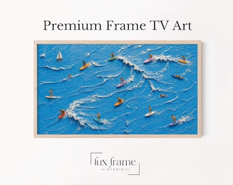 Illustrazione di un surfista sulla costa con onde, cornice per TV Samsung con oceano blu (download digitale) 1066