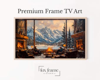 Midcentury Ski Lodge Frame TV Art, Vintage Cozy Fireplace Scene, Rustic Country Snowy Mountain View Art, Winter Wall Decor Download 652