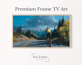 Vintage Cycling TV Art, Mountain Road Landscape Painting, Yellow Jersey Rider Scenic Adventur,e Sports Decor, Digital Download 911