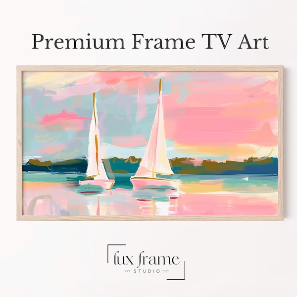 Arte de TV "Serenidad Costera", Arte de Veleros con Atardecer Pastel, Arte de TV con Marco de Playa Moderno, TV con Marco de Verano, Descarga Digital 794