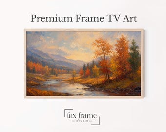 Paesaggio autunnale di montagna con fiume, calde foglie autunnali. Immagine per TV Samsung Frame (download digitale) 1070p
