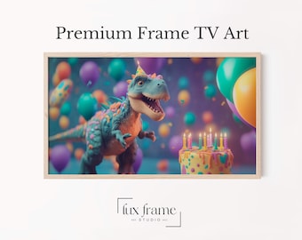 Cute Dinosaur Birthday TV Art for Frame TV, Playful Party Scene with Balloons and Cake, Kid-Friendly Decor, Digital Download Art 835