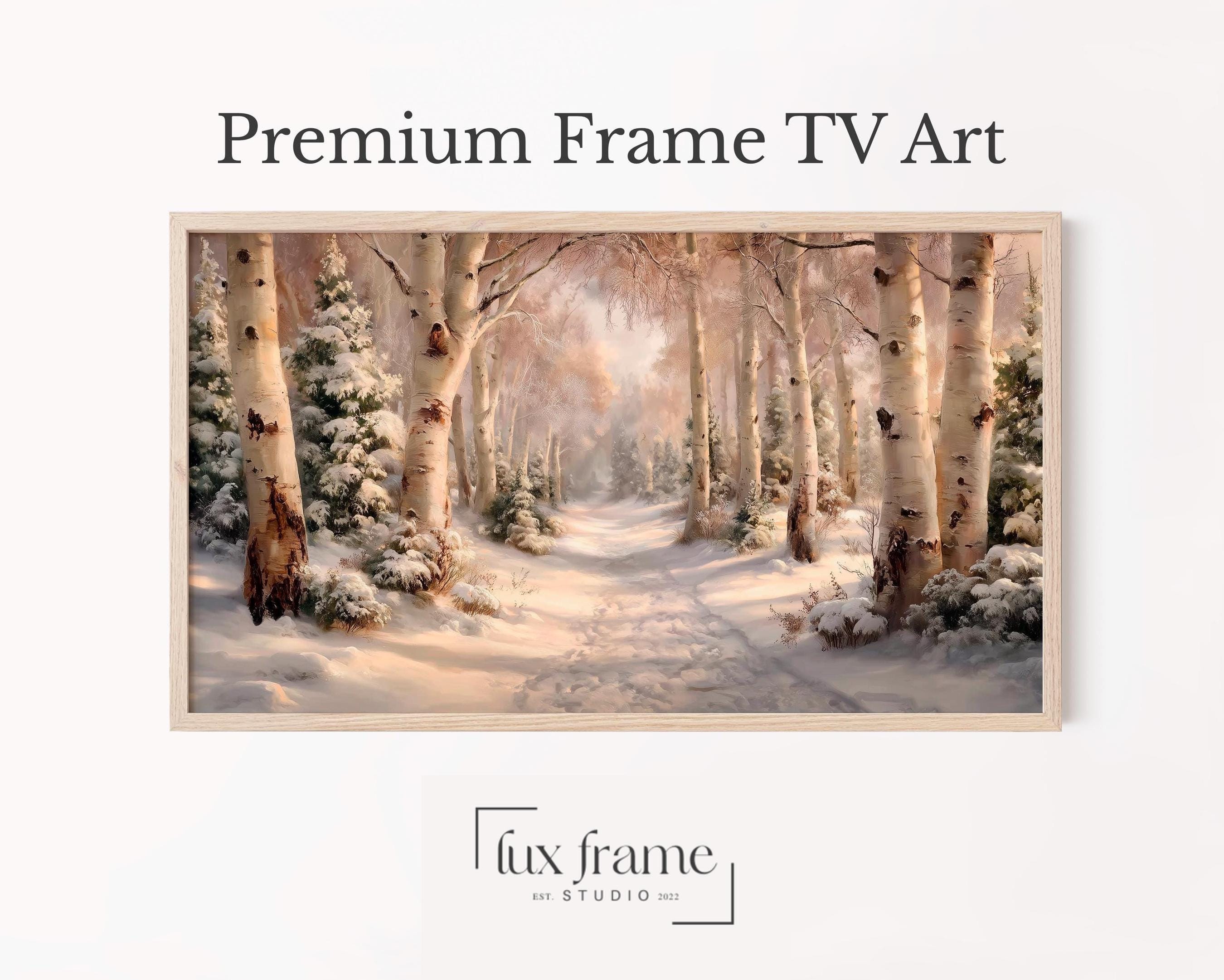 Snowy Forest Path Samsung Frame TV Art, Winter Birch Grove Art for