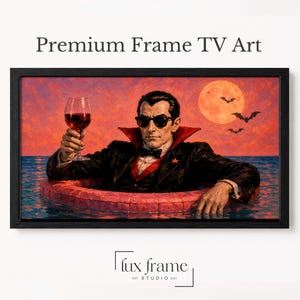 Puede incluir: Premium Frame TV Art con una pintura digital de un vampiro con traje negro y gafas de sol, sosteniendo una copa de vino tinto mientras flota en un flotador rojo en el océano bajo una luna llena y murciélagos. Texto: Premium Frame TV Art.