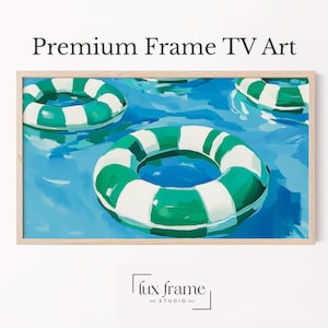 Bunter Summer Pool Float Frame TV Art, Hellgrün & Weiß gestreifte Ringe, Verspieltes Nautisches Rahmen TV Artwork, Digital Download 678
