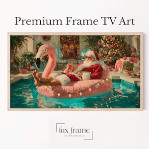 Christmas Santa Claus Art for Frame TV, Holiday Pool Scene, Samsung TV Art Christmas Decor, Festive Santa on Flamingo, Holiday Art 246