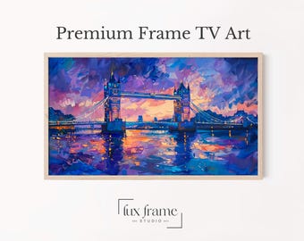 Moody Tower Bridge Art, London TV Art Wall Decor, Painterly Twilight Cityscape Frame TV Art, Shimmering Digital Download, Impressionism 850