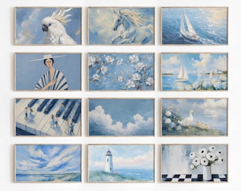 Pacchetto di opere d'arte digitali "Blue Summer Frame Tv Art Bundle" / Dipinti floreali, costieri e di cavalli (download digitale) 99