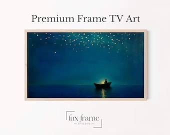 Night Ocean Wall Art, Dark Blue Nightscape Painting, Solitary Boat Water Scene, Moody Nautical Decor, Ocean TV Art, Digital Download 908