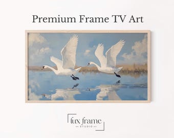 Trumpeter Swans Wall Art, Serene Pond Landscape Painting, Muted Winter Birds, Wildlife Nature Decor, TV Art, Printable Digital Download 910
