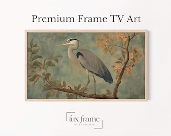 Heron on Branch Botanical Samsung Frame TV Art with Vintage Style (Digital Download) 887