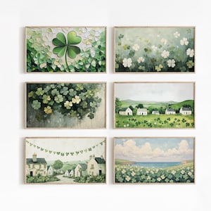 Puede incluir: Seis impresiones artísticas enmarcadas con temas del Día de San Patricio. Las impresiones muestran tréboles, paisajes con tréboles y casas de campo. La paleta de colores incluye tonos de verde, blanco y marrón, creando una estética vintage. Las impresiones artísticas se exhiben en una pared blanca.