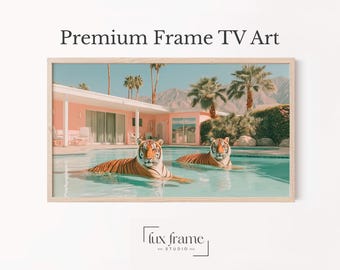 Mid-Century Modern Frame TV Art with Tigers, Surreal Pool Photography, Palm Springs Charm, Playful Summer Vibes, Samsung TV Art 419
