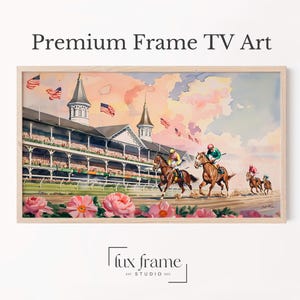 May include: A framed watercolor print of a horse race, featuring jockeys on brown horses racing on a track. The background includes a grandstand, American flags, and a colorful sky. The text "Premium Frame TV Art" is at the top.