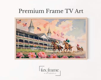Arte vintage para TV sobre corridas de cavalos, cena do Kentucky Derby para TV de moldura, aquarela equestre, decoração romântica em tons pastel, download digital floral 793