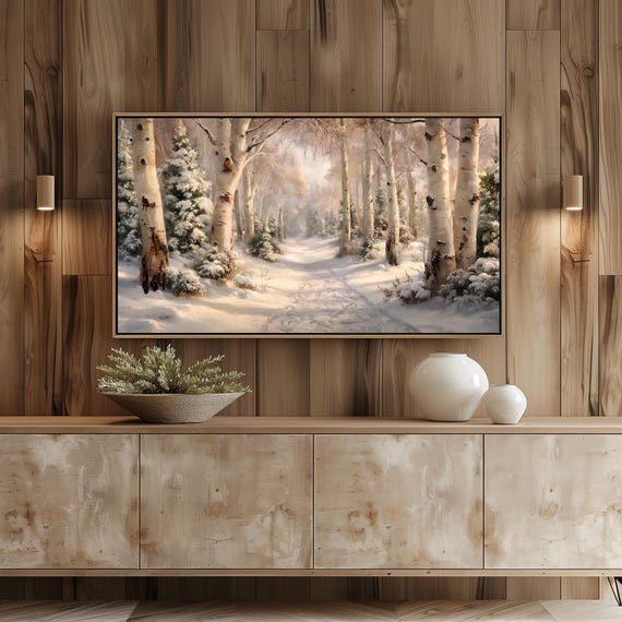 Snowy Forest Path Samsung Frame TV Art, Winter Birch Grove Art for